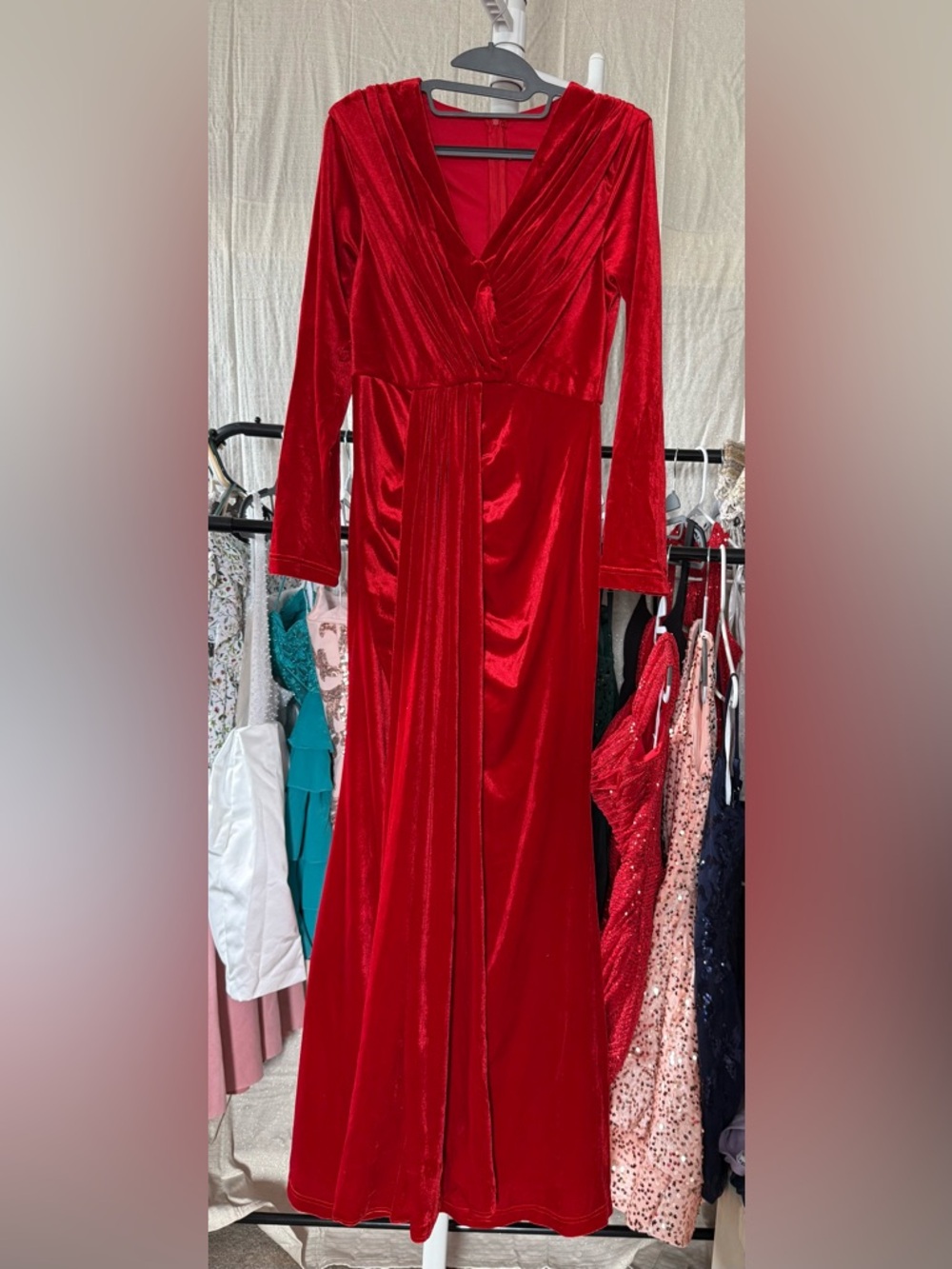 Red Velvet Long Sleeve Evening Gown